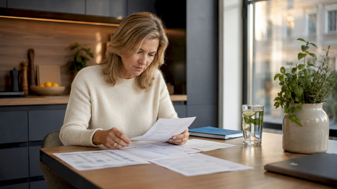 Nutritionist reviewing supplement information at home desk
