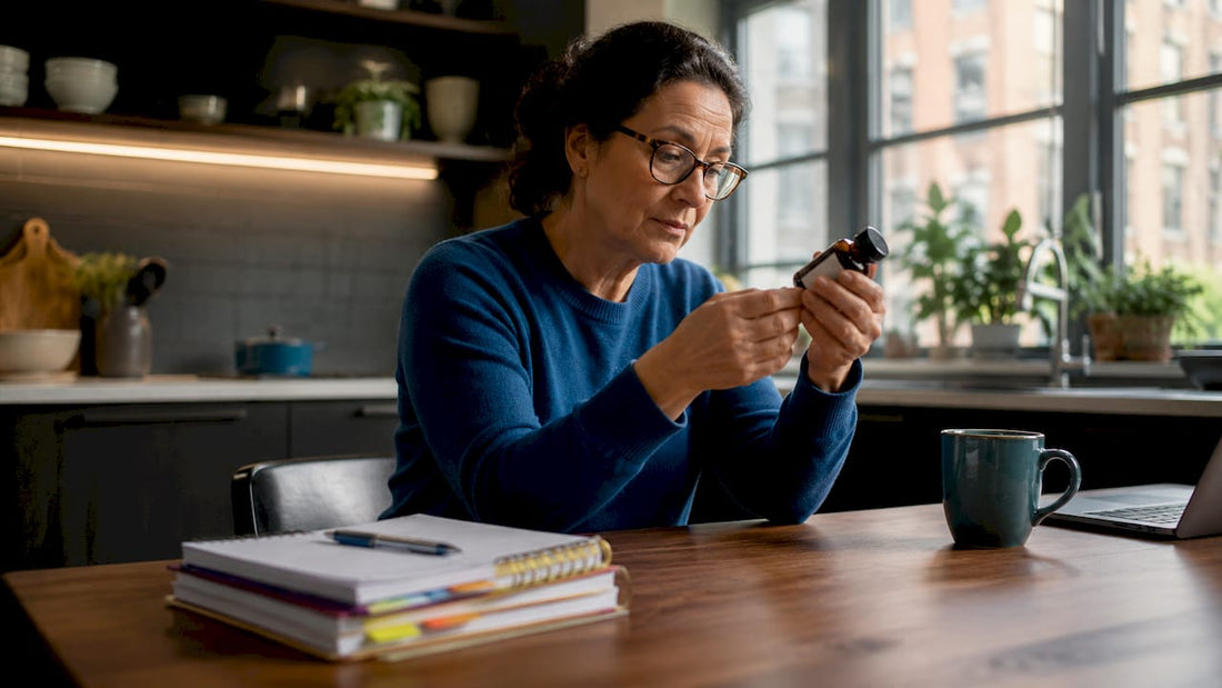 Woman reading cognitive supplement label at kitchen table