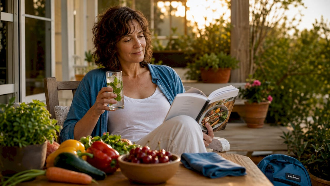 Woman reading about inflammation with healthy foods