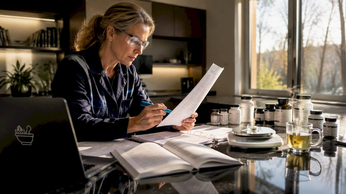 Scientist reviewing patented supplement documents in lab