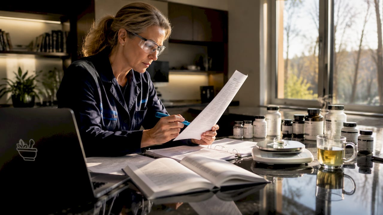 Scientist reviewing patented supplement documents in lab