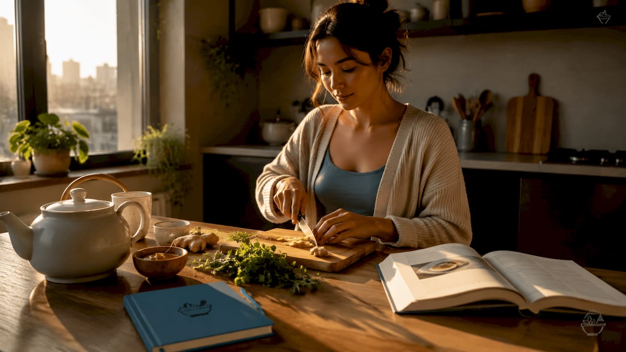 Person preparing herbal tea for natural remedies