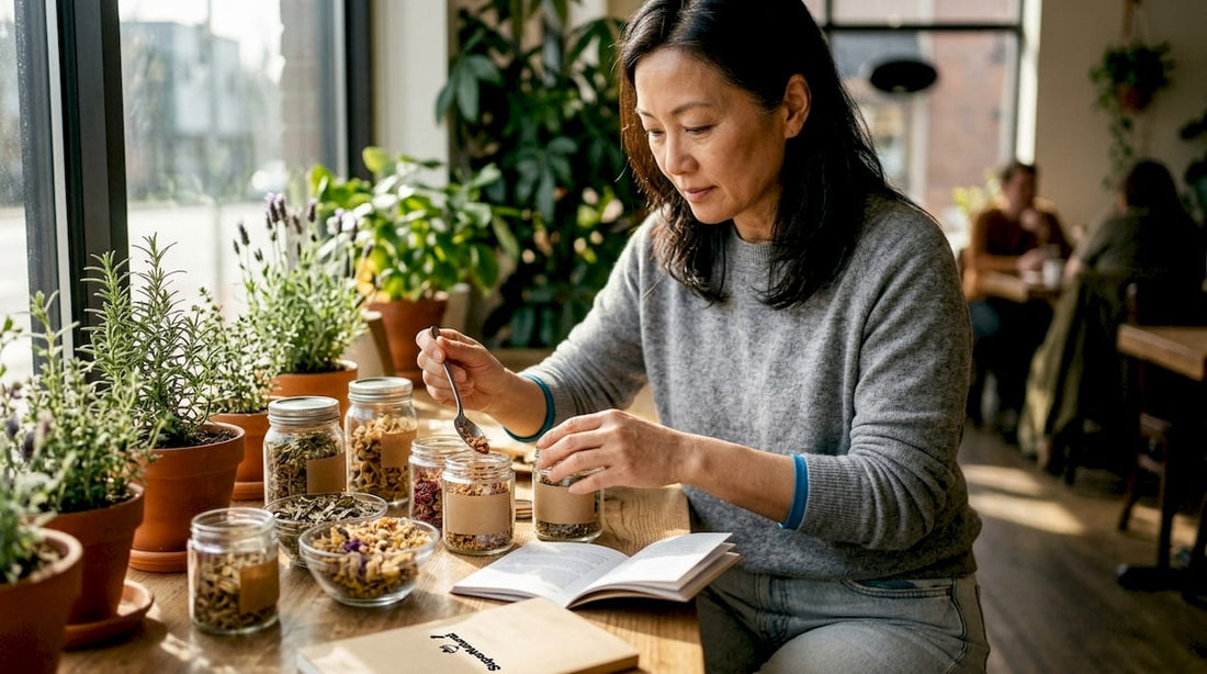 Woman organizing herbal supplements at kitchen table