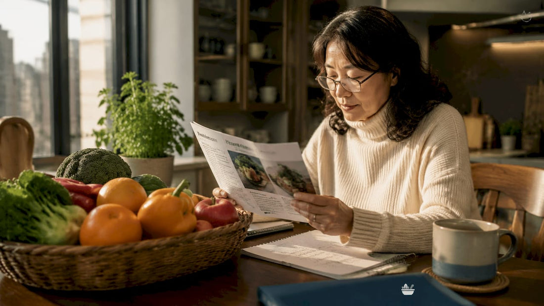 Woman reading about natural detox at kitchen table