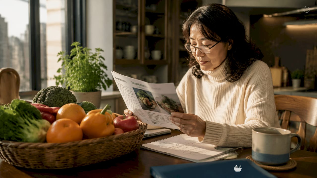 Woman reading about natural detox at kitchen table