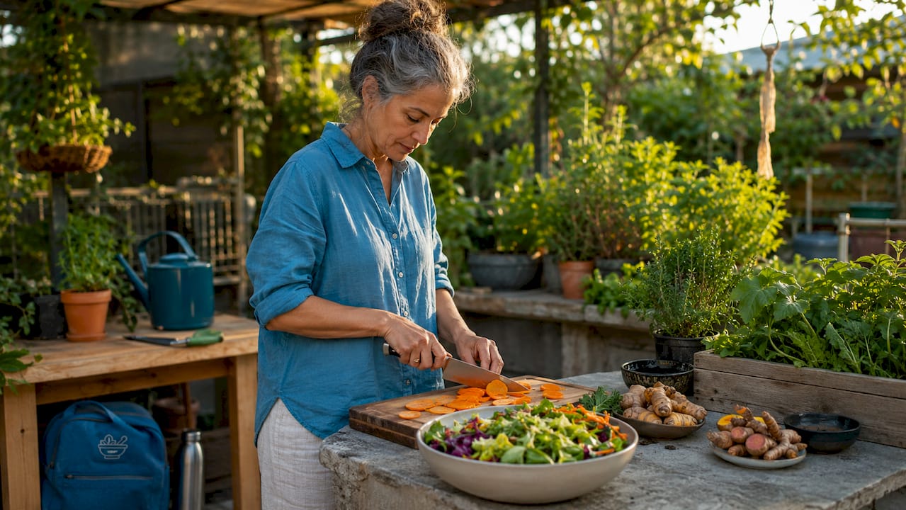 Woman preparing anti-inflammatory meal in kitchen