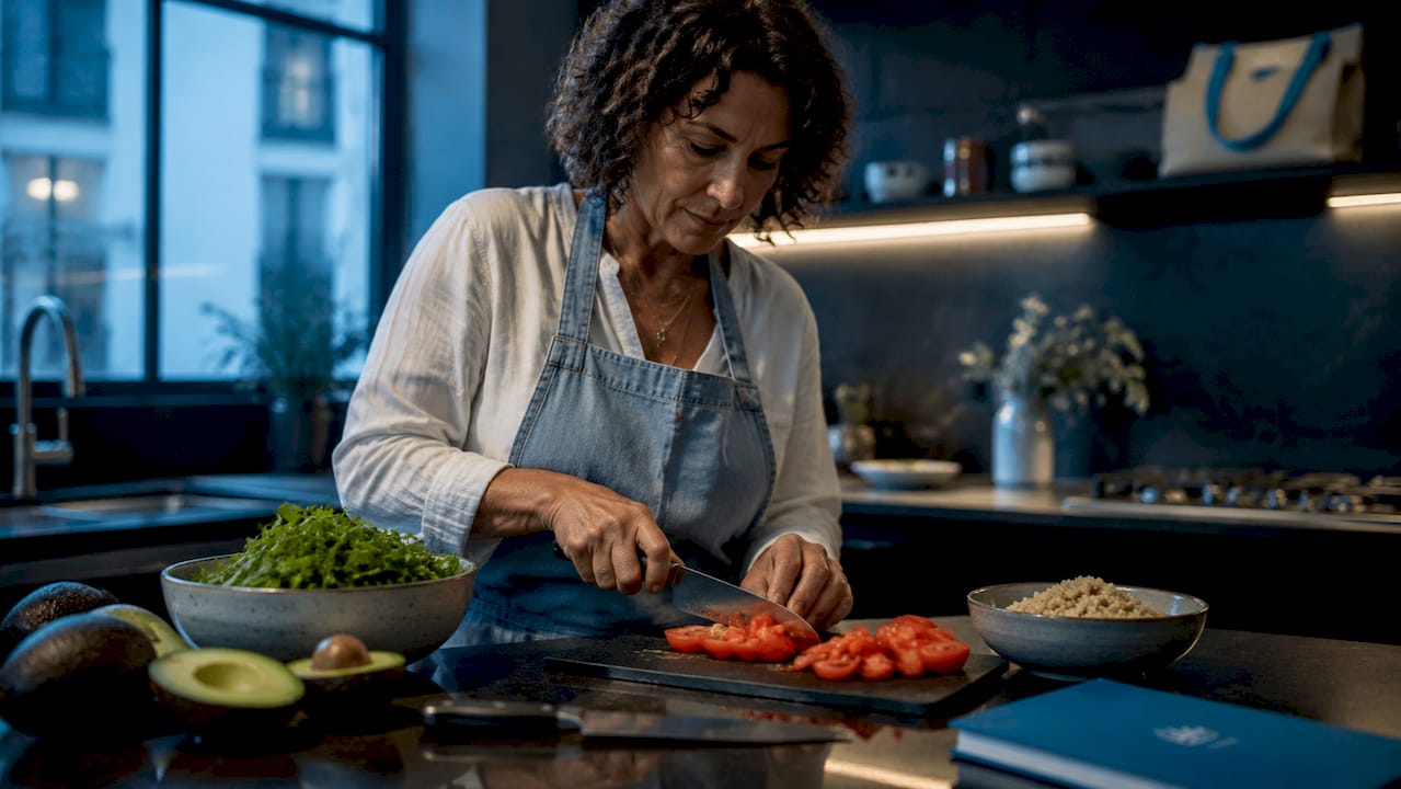 Woman preparing synergistic nutrition salad in kitchen