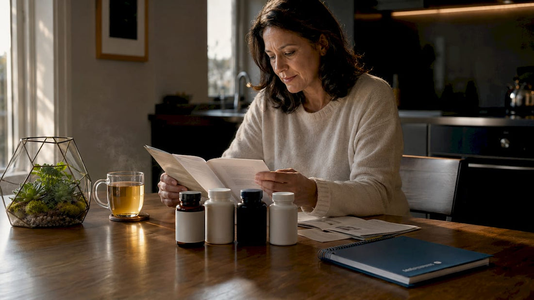 Woman comparing curcumin supplements at kitchen table
