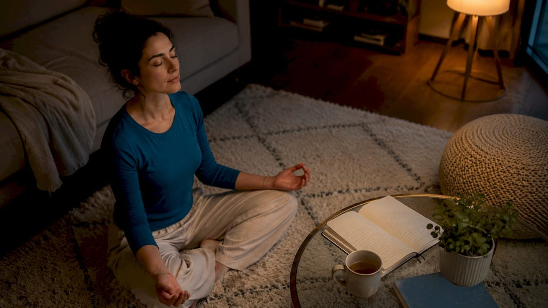 Woman practicing mindful breathing at home