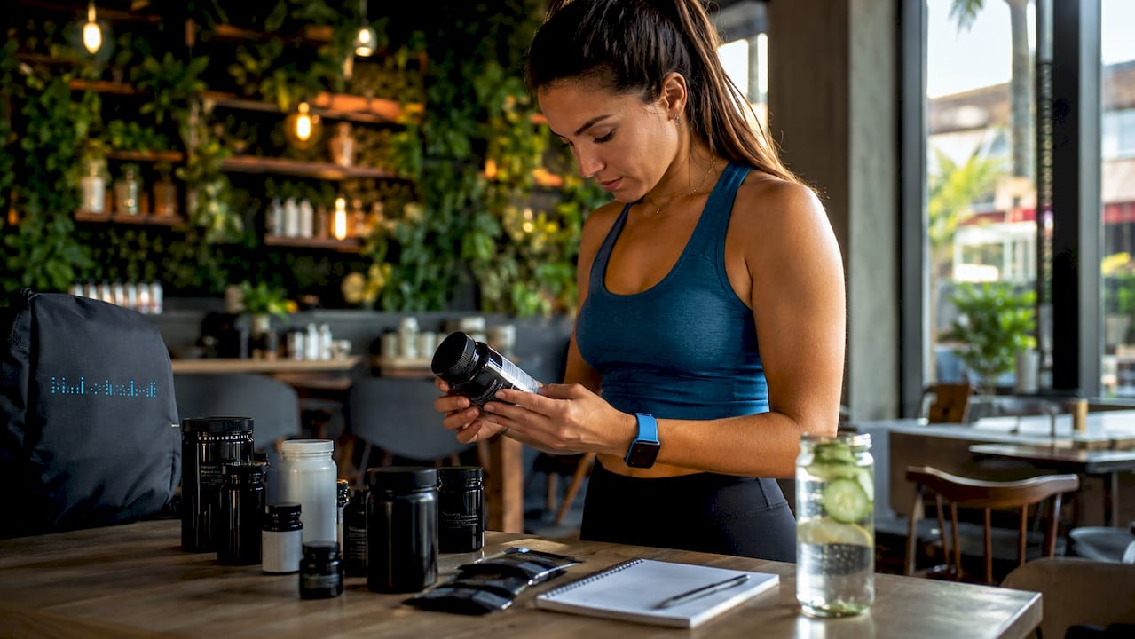 Woman comparing supplement bottles at kitchen counter