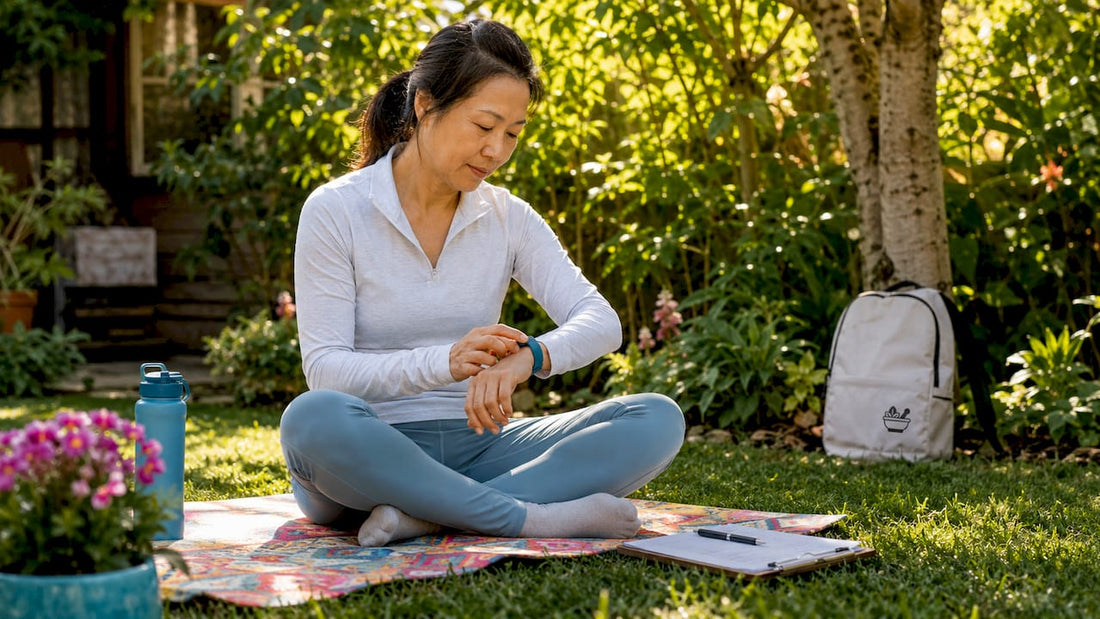 Woman using wearable wellness tracker at home