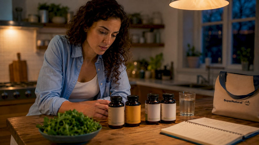 Nutritionist comparing curcumin supplements at kitchen table