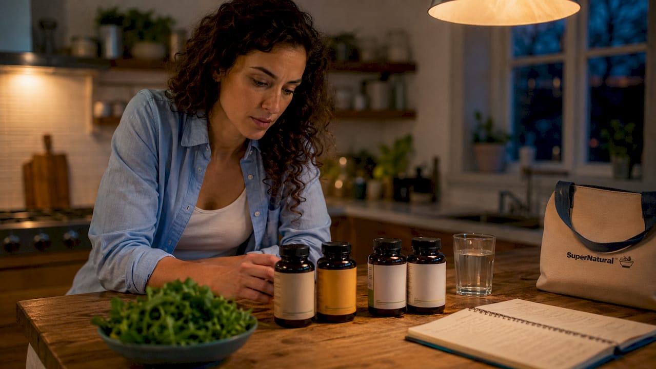 Nutritionist comparing curcumin supplements at kitchen table