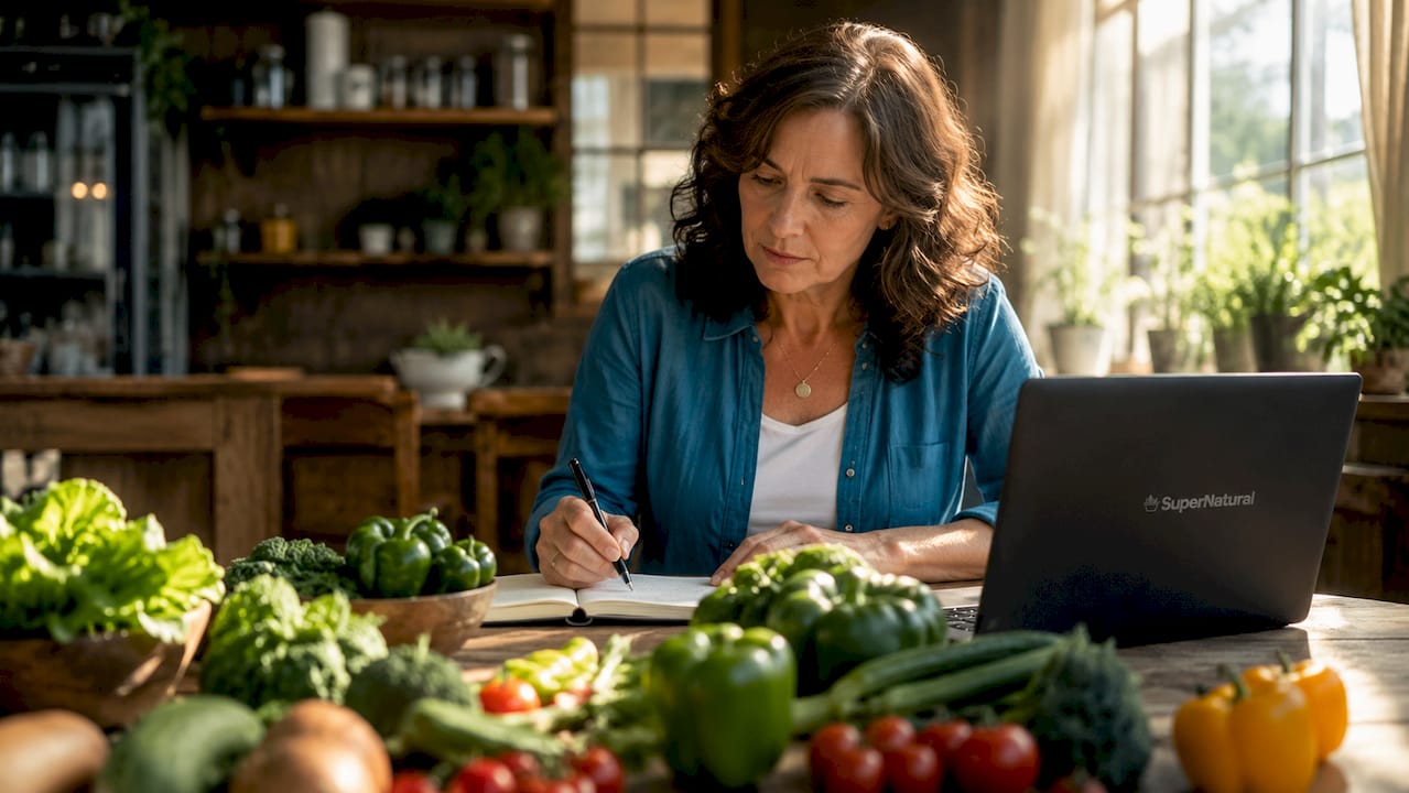Nutritionist at home desk writing notes