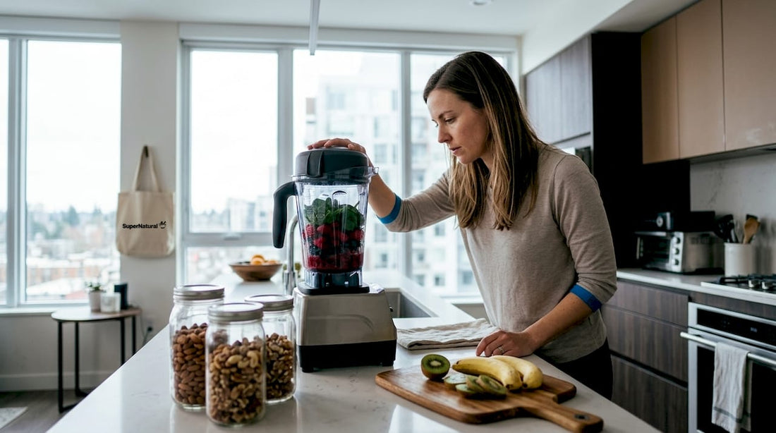 Woman preparing brain-healthy breakfast smoothie