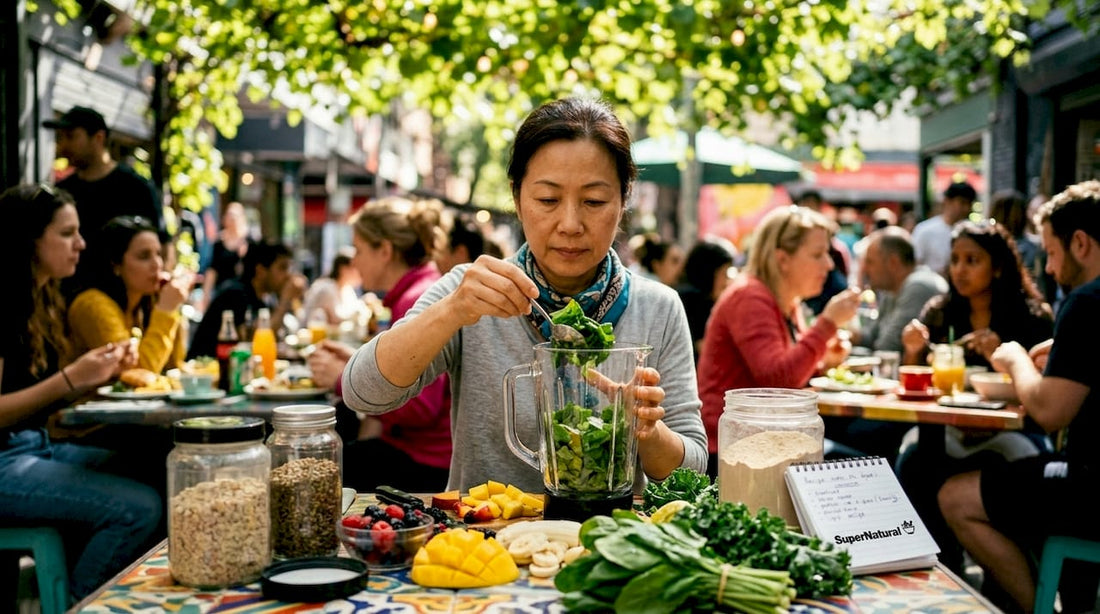Woman preparing immune support smoothie at home kitchen