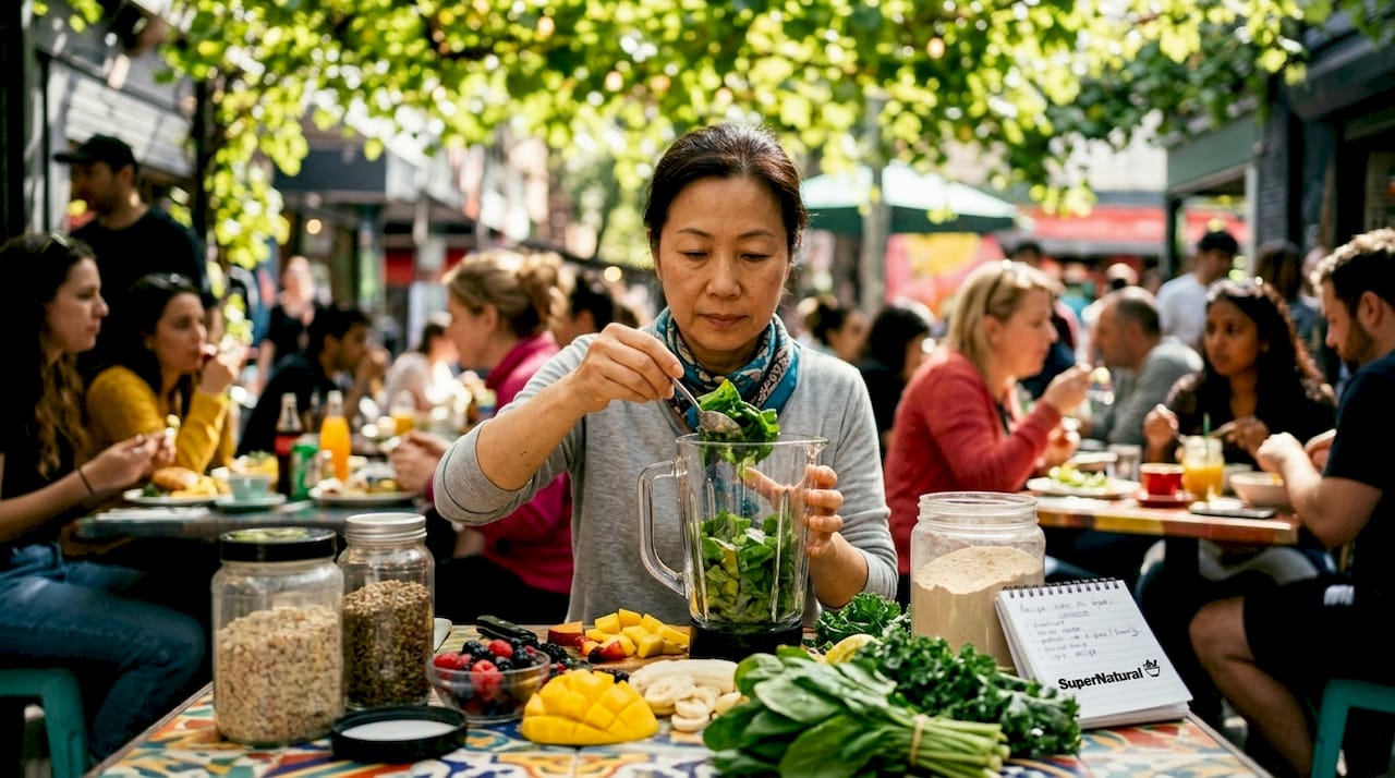 Woman preparing immune support smoothie at home kitchen