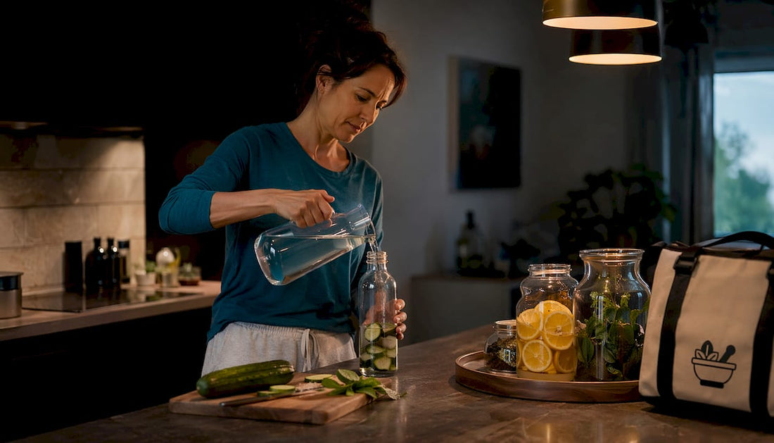 Woman preparing detox drink in kitchen