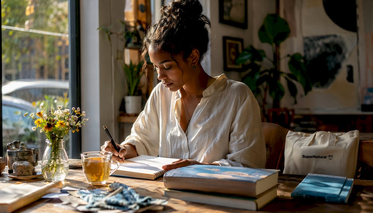 Woman reviewing focus journal at kitchen table