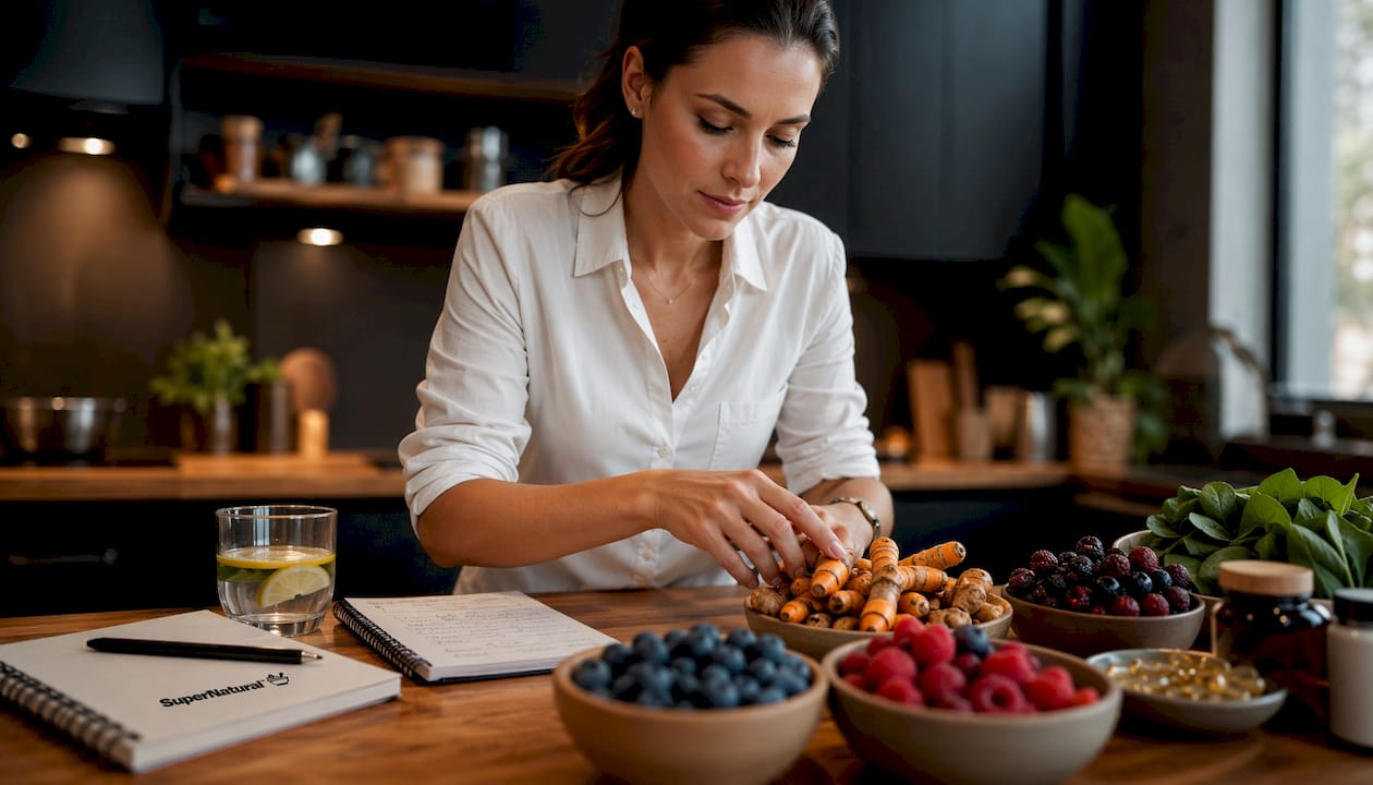 Nutritionist arranging natural anti-inflammatory foods in kitchen