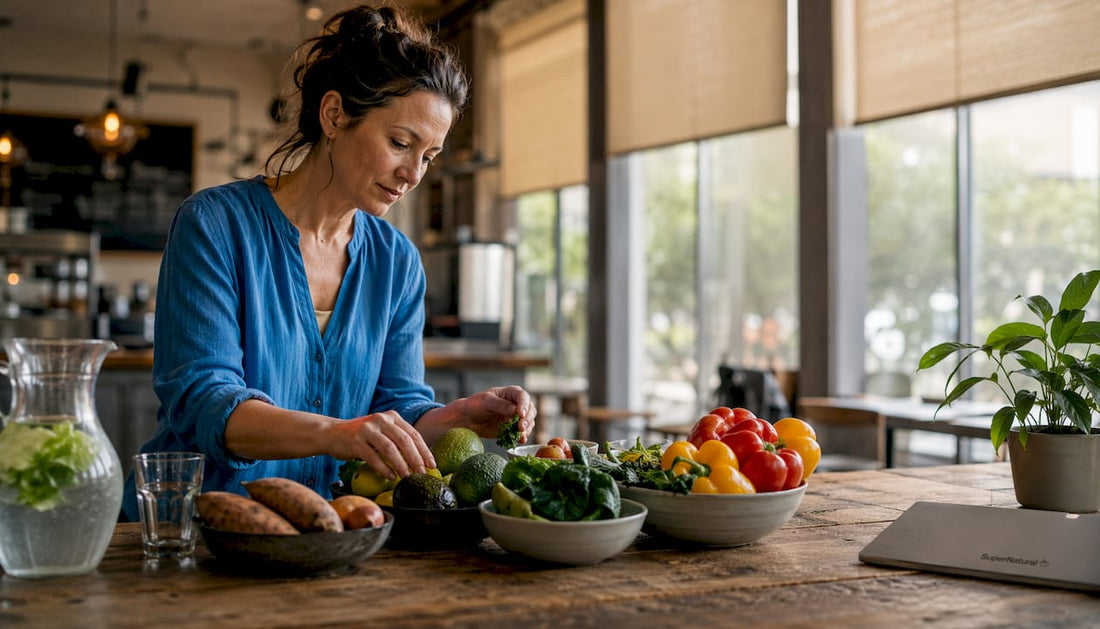Nutritionist arranging colorful fresh fruits and vegetables