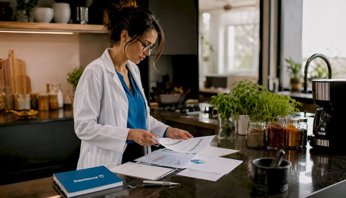Pharmacologist reviewing bioavailability research data
