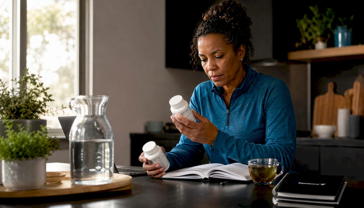 Woman reviewing brain supplement labels at home