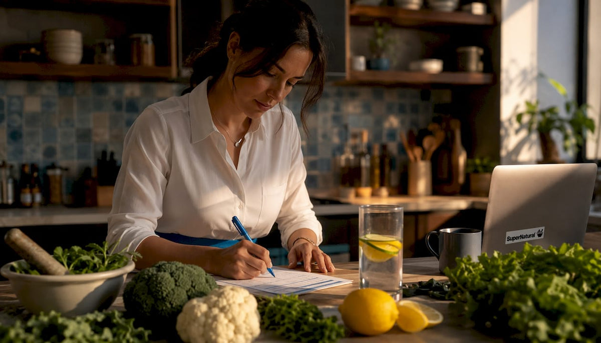 Nutritionist planning balanced detox routine at desk