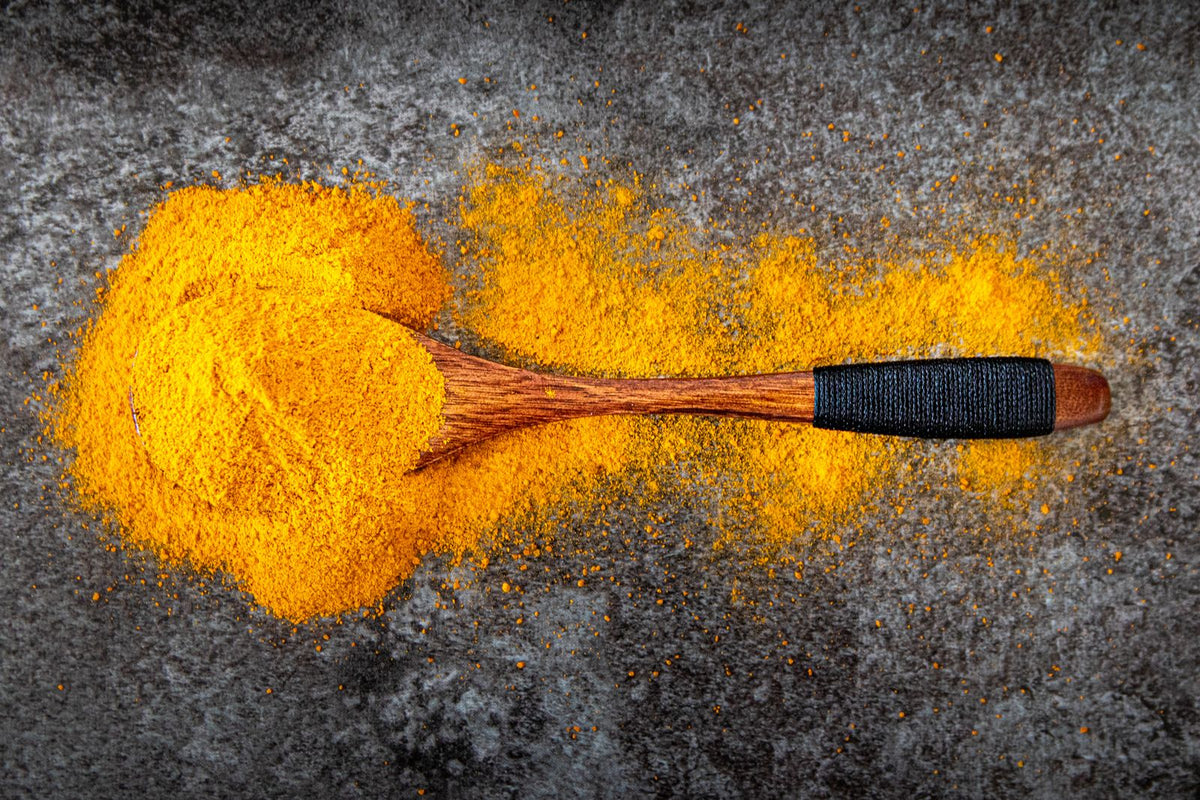 Wooden spoon buried in bright turmeric powder on a dark surface, illustrating whole turmeric powder versus curcuminoid content comparisons