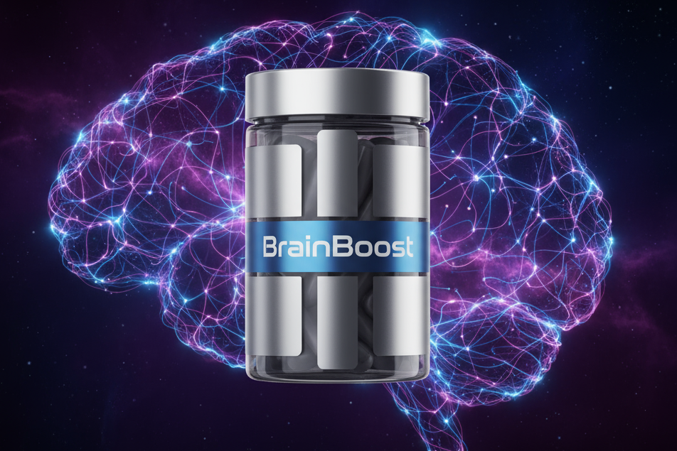 a supplement bottle that says "BrainBoost" on it suspended in space with a dark background reminiscent of a brain's cognitive function