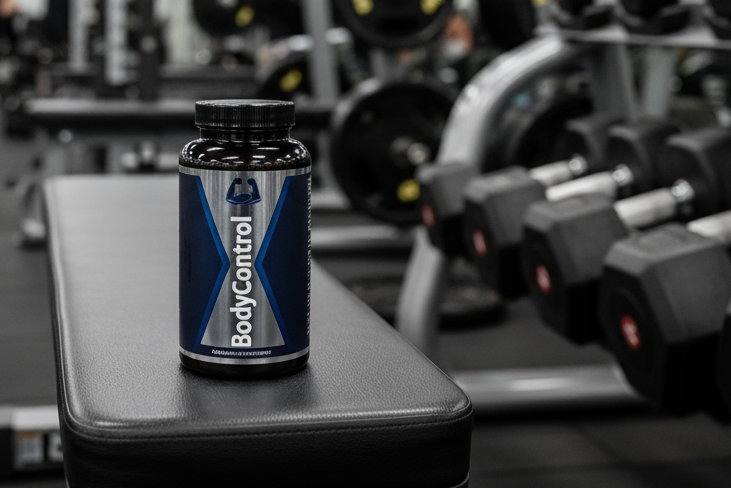 a supplement bottle that says "BodyControl" on it sitting on a workout bench next to a rack of weights